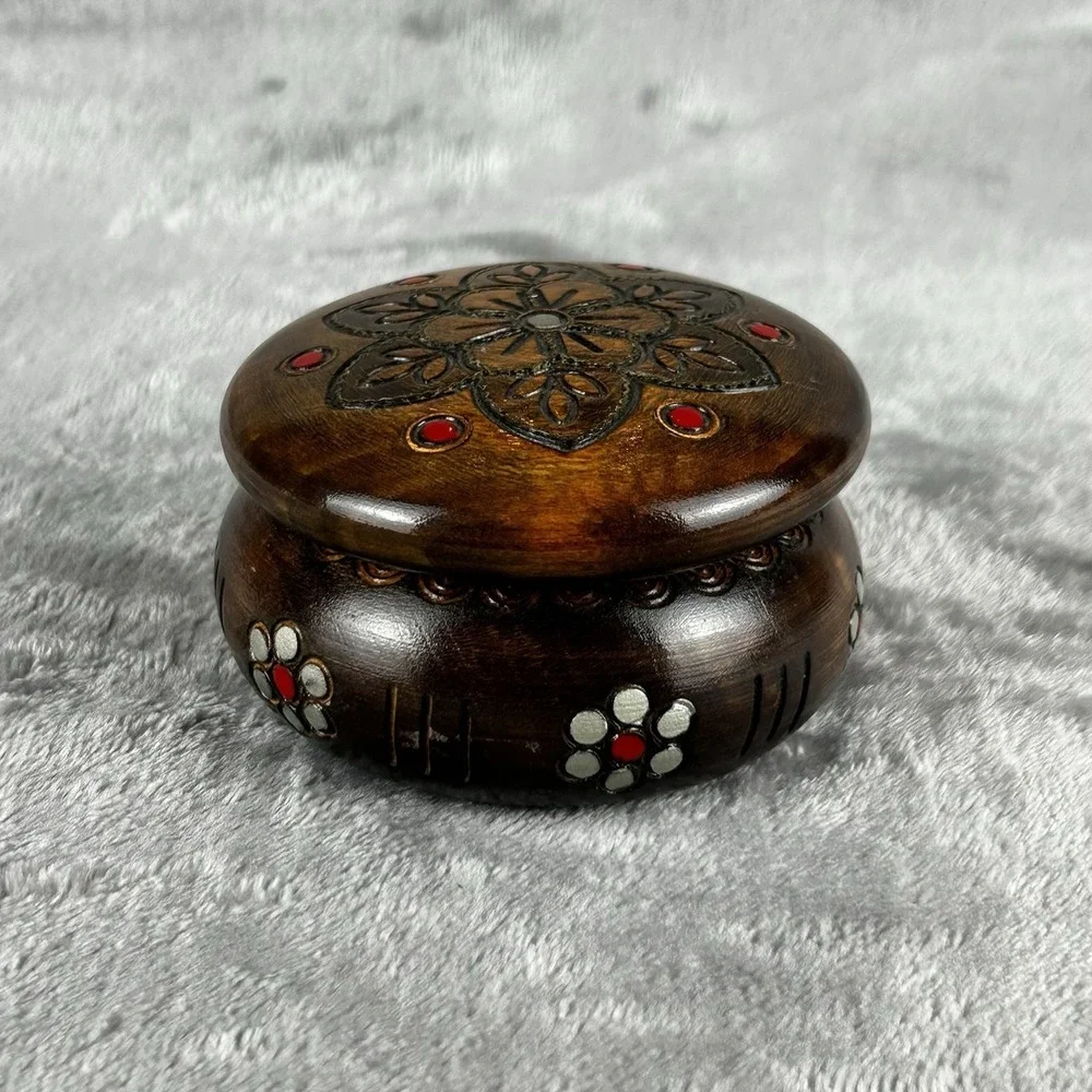 Vintage Hand Carved Wooden Trinket Box Round Floral Relief Lid Rustic Jewelry...